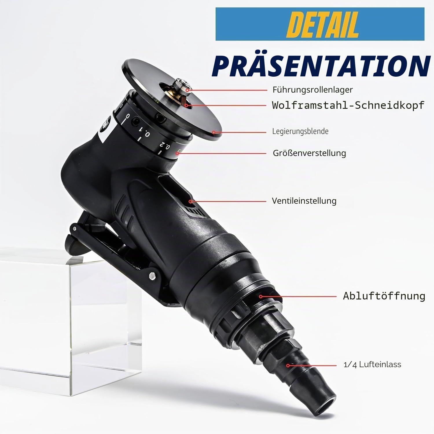 2-in-1 Pneumatische Anfasmaschine Handheld 30000 U/min 45°, Mini Luftfasenwerkzeug Anfaswerkzeug Bogenecke mit 1/4 Zoll Lufteinlass, für Trimmen Fase Entgraten, 6R+8C Winkeleinsätze+6 Lager