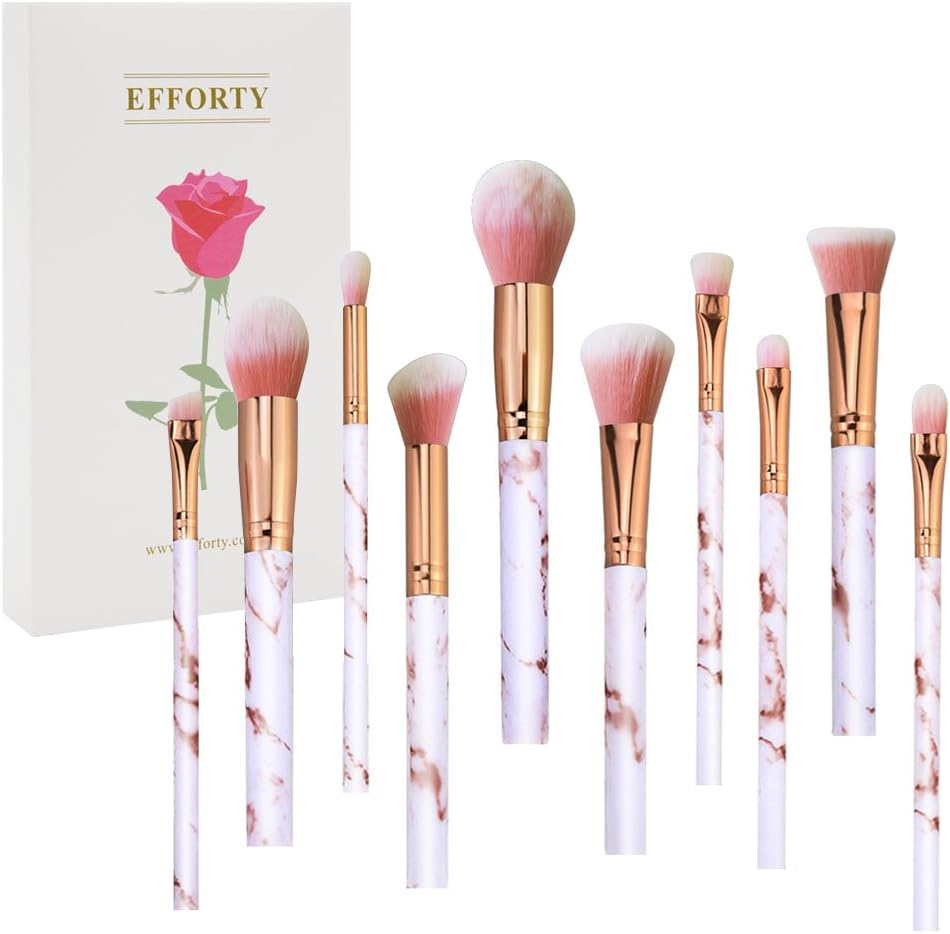 Pink Marble Makeup Brushes with Box; Efforty 11pcs Soft Nylon Bristles Beauty Make Up Kits Face Blush Concealer Eye Lip Cosmetic Tools