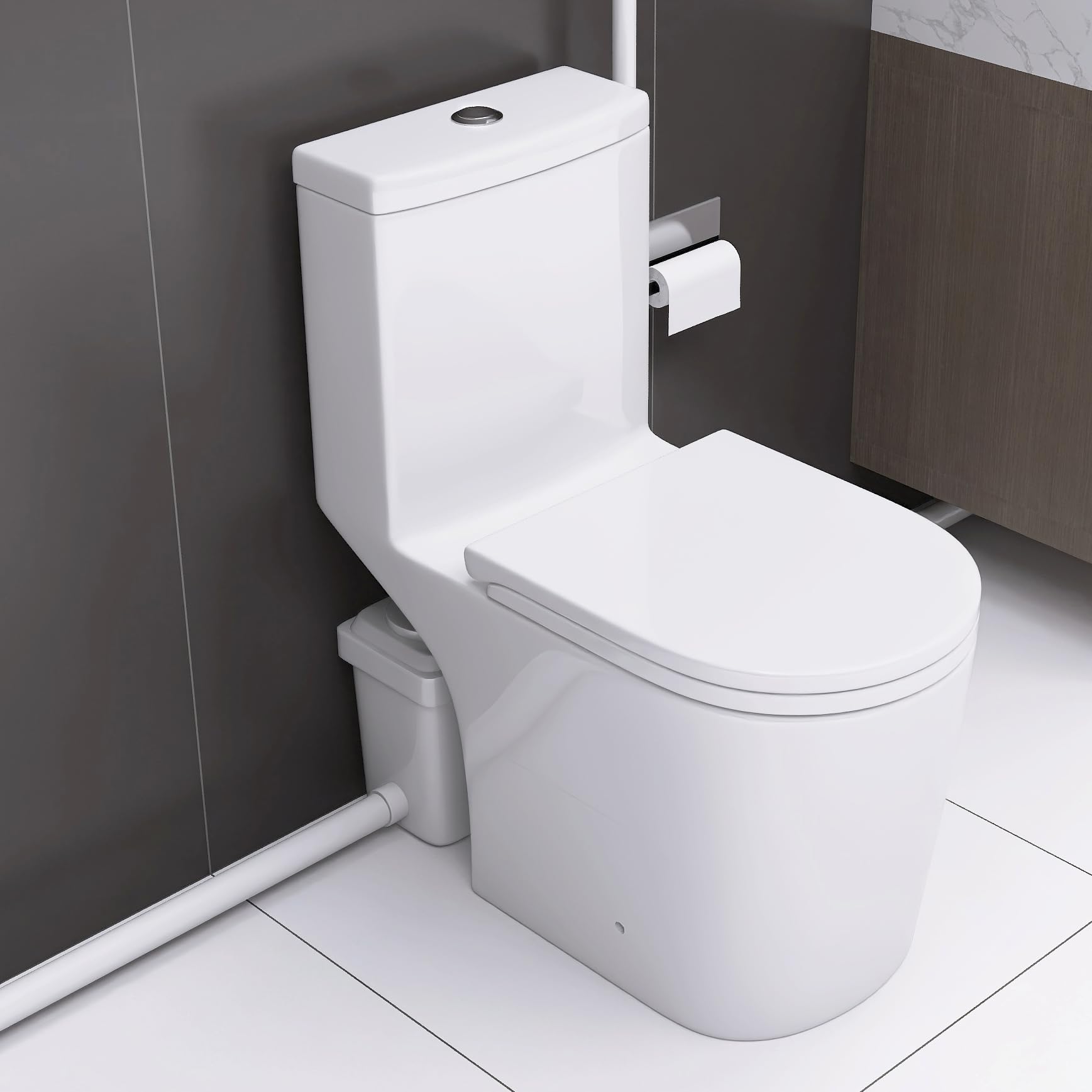 WinZo Macerating Toilet System With 600W Pump For Basement,Comfort Elongated Seat,Powerful Upflush One Piece Toilet With 3 Water Inlet,Bathtub,Shower,Sink Sewage White