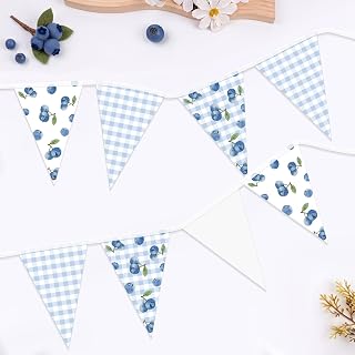 Pasimy 60 Pieces Blueberry Pennant Banner 49.21 ft Blue Gingham Flags