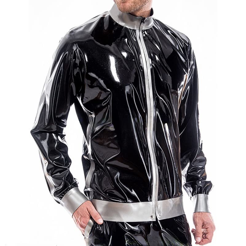 Amazon | ブラックとシルバートリムセクシーなラテックスジャケット  