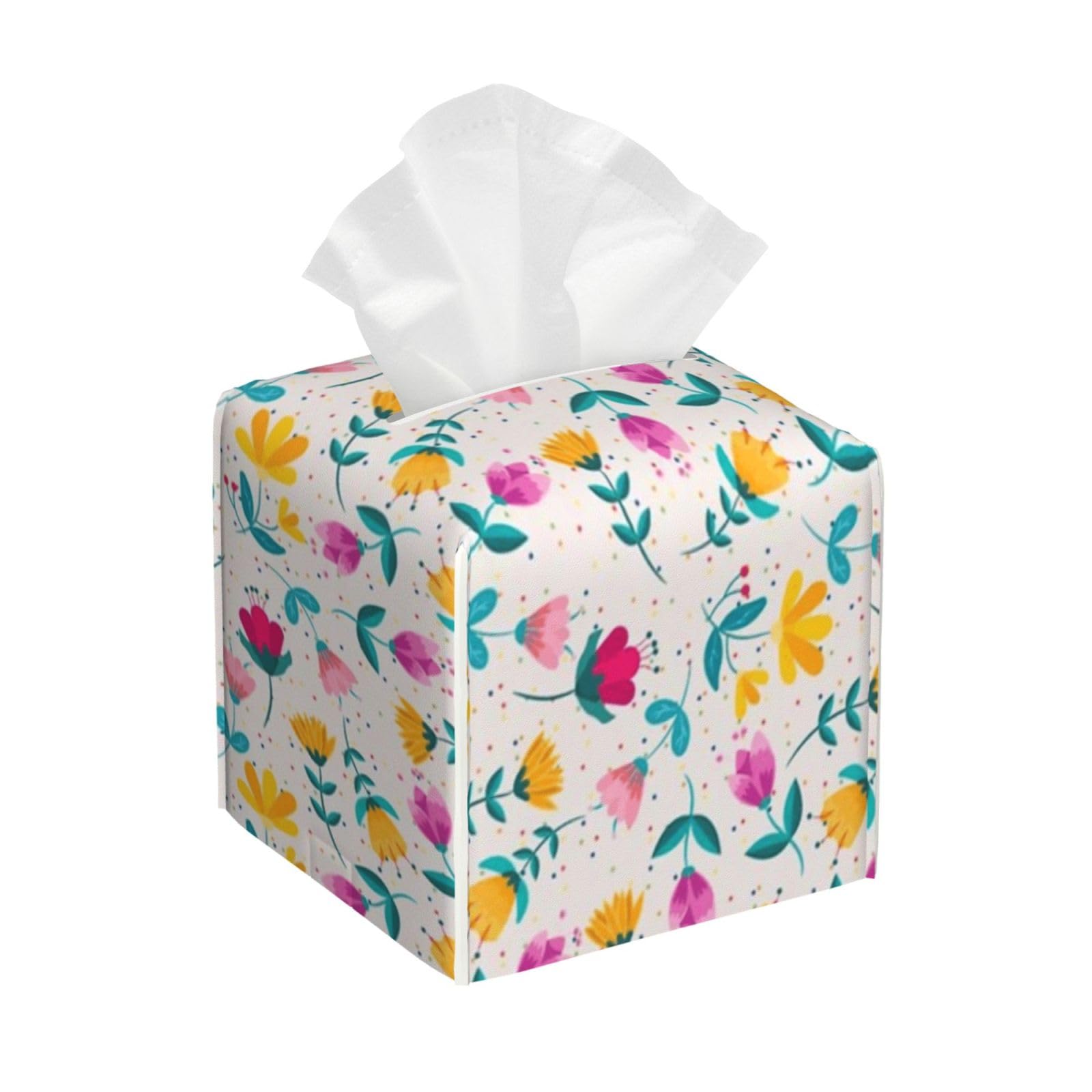 Bright Tropical Flowers Tissue Box Cover 5" Square Leather Tissue Holder Facial Tissue Case for Tabletop Bedroom Bathroom Desk Decor