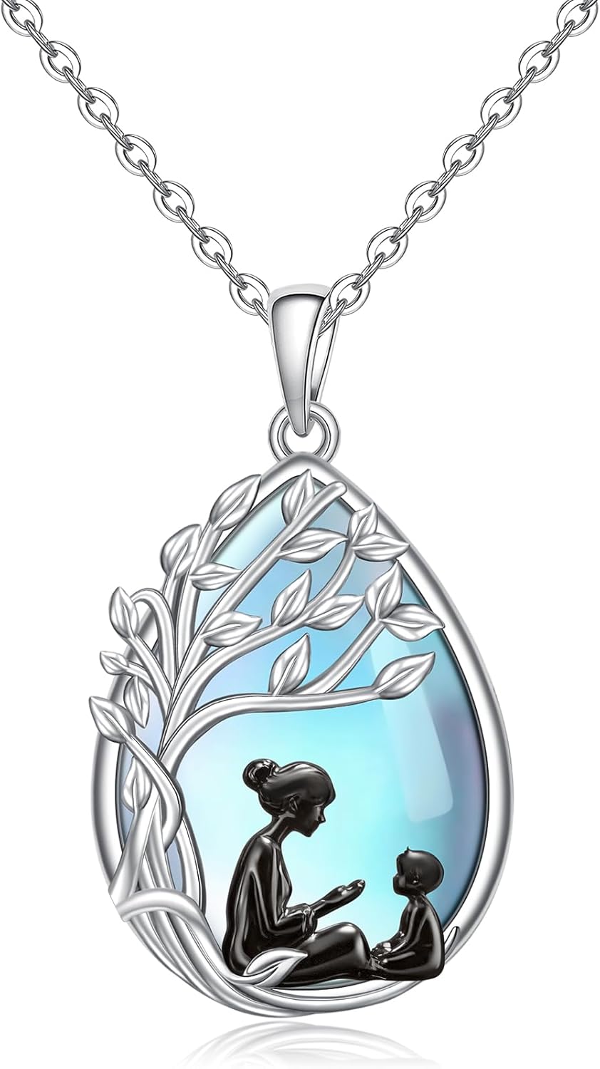 Mothers Day Gifts for Mom Mother Daughter Necklace Sterling Silver Tree of Life Mom Son Necklace for Women Pendant Moonstone Jewelry Gifts Grandmother Daughter Wife