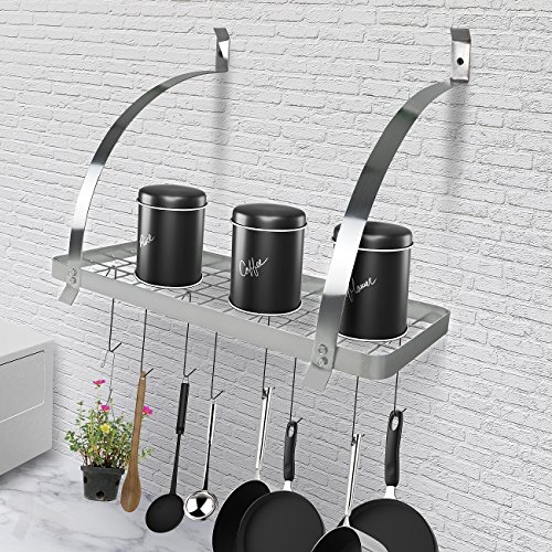 Sorbus Kitchen Wall Pot Rack with Hooks — Decorative Wall Mounted Storage Rack — Multi-Purpose Shelf Organizer Great for Kitchen Cookware, Utensils, Pans, Books, Household Items, Bathroom (Chrome)