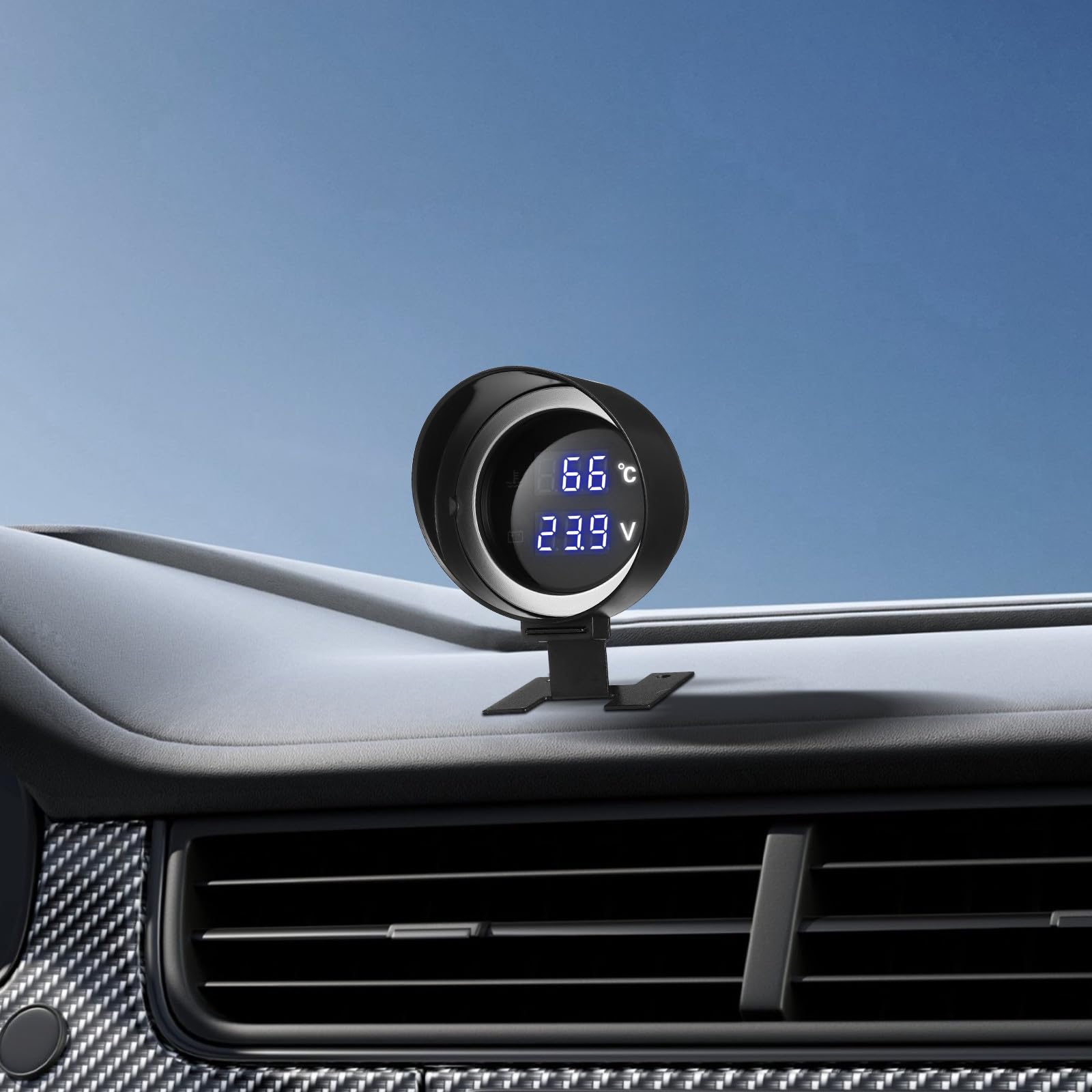 POPETPOP Medidor Digital Multifunción de Temperatura de Motor y Voltaje Pantalla LED Redonda para Automóviles y Motocicletas Alarma y Adaptador de Instalación Rápida