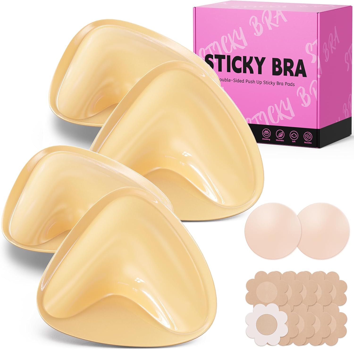 Mearter Ultra Push up Sticky Bra Pads Inserts | Double Sided Adhesive Bra Inserts | Stick on Bra for Sports Bra Swimsuit (Extra-Large, Beige)