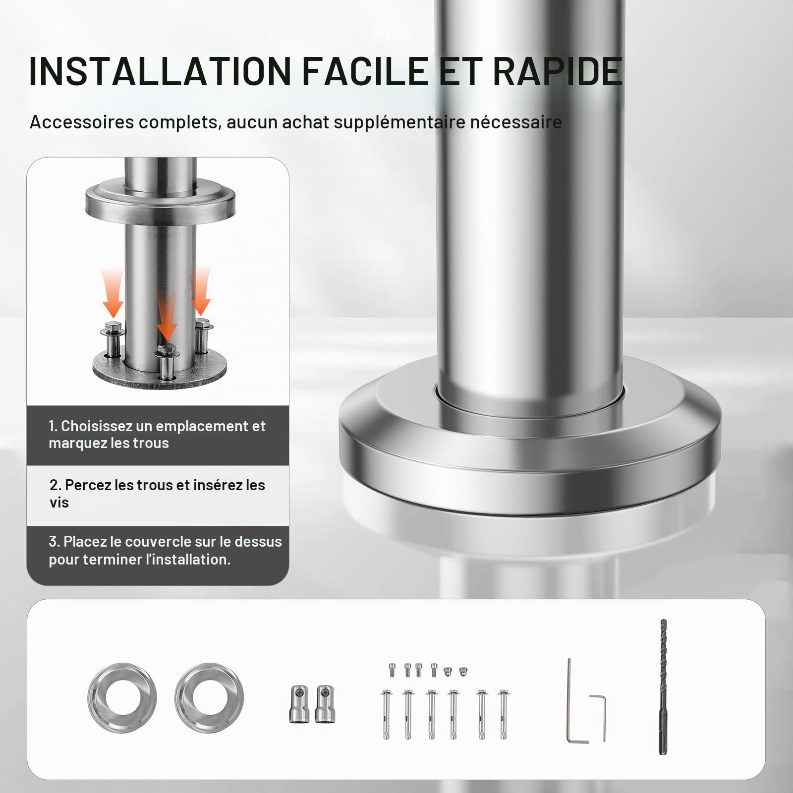 VEVOR Rampe d'Escalier, 150 cm, Main Courante Escalier pour Marches Extérieures en Acier Inoxydable, avec Kit d'Installation, Barre d'Appui à Double Colonne, pour Personnes Âgées, Porche, Terrasse