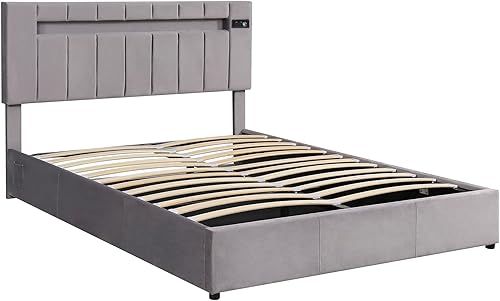Miniatura 6 de Base de cama tapizada tamaño Queen con almacenamiento de elevación cama de terciopelo LED RGB con puertos USB cama de plataforma inteligente con