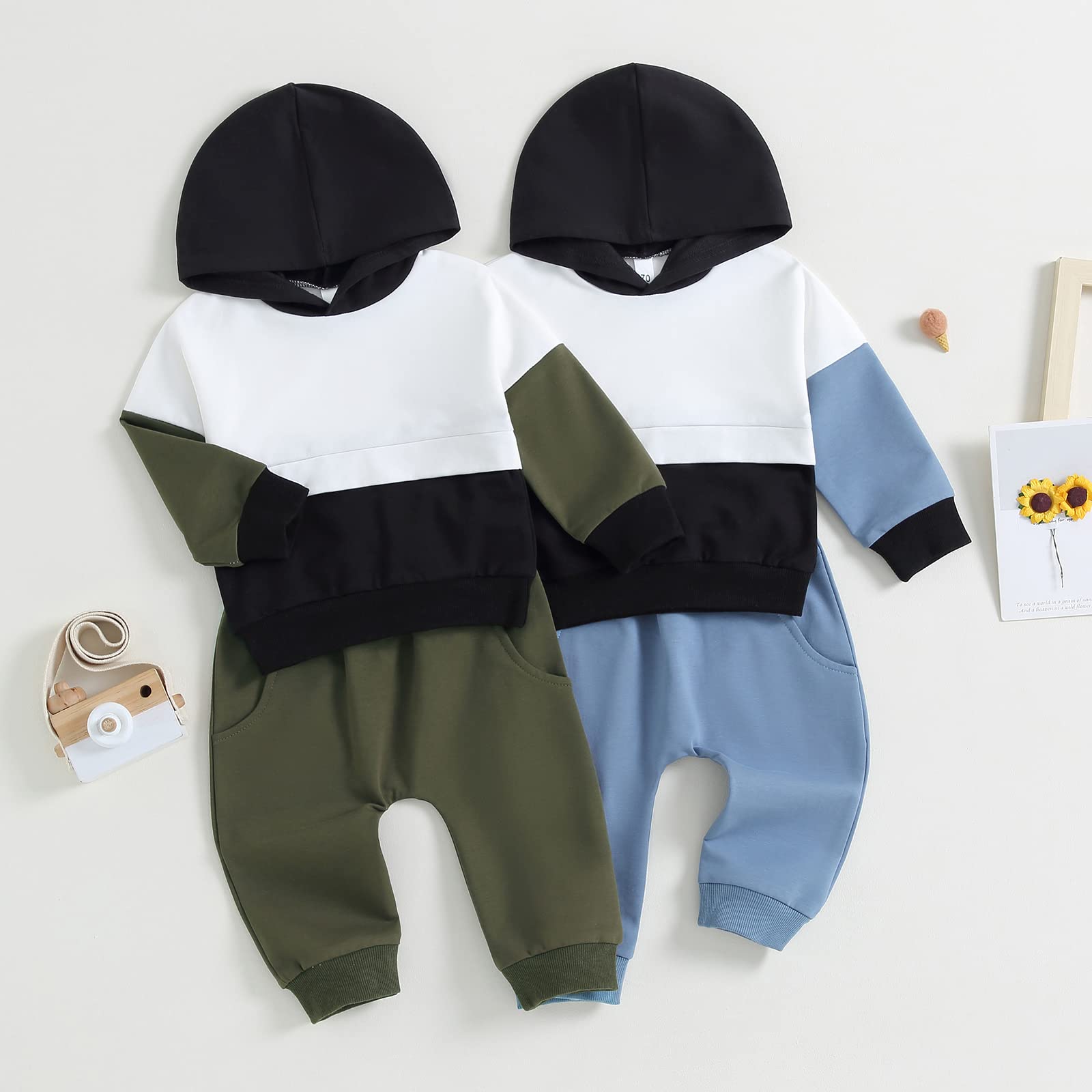 Baby Boy Winter Clothes Long Sleeve Color Block Hoodie Sweatshirt Top Drawstring Pants Sweatsuit Toddler Boys Outfit (B Green, 2-3 Years)