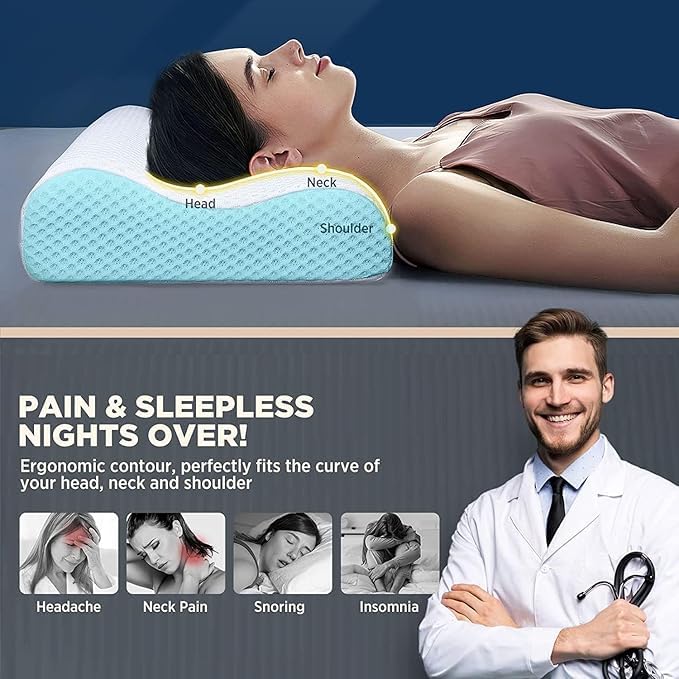 Image of KITCHIVO Memory Foam Pillow, Contour Cervical Orthopedic Memory Foam Pillows Supports Neck Pain and Shoulder Pain for Sleepin Cervical Pillow Neck Support Pillow for Side Back (White & Light Blue)