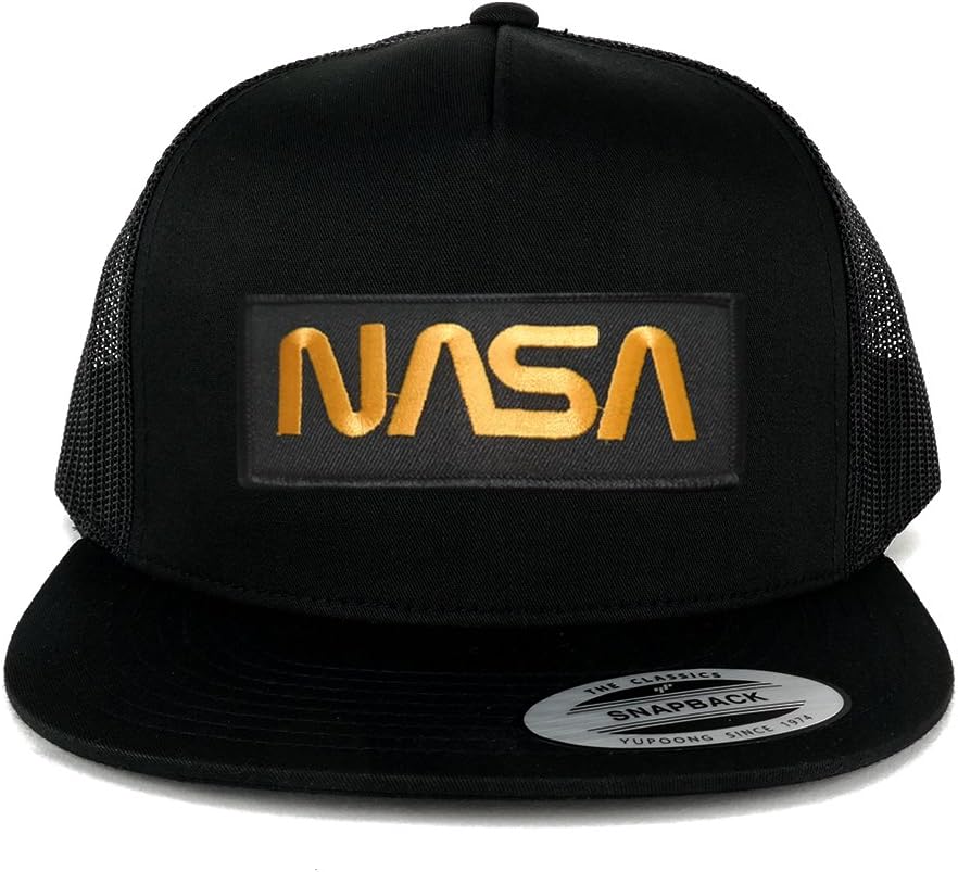 Armycrew Oversize XXL NASA Worm Gold Text Patch 5 Panel Flatbill Snapback Mesh Cap