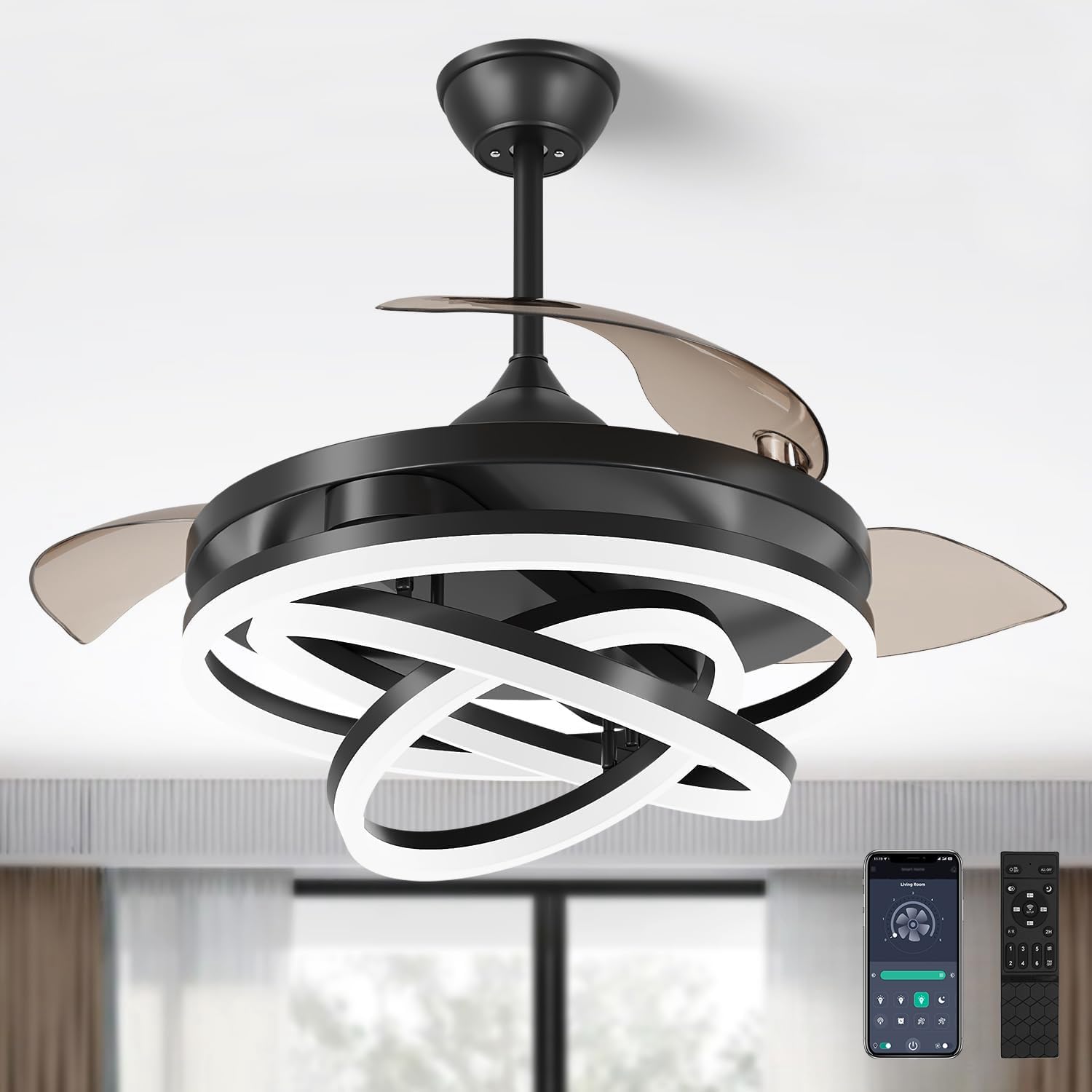 42 Inch Retractable Ceiling Fan, Chandelier Ceiling Fans with Lights, Silent DC Motor, 6 Speeds, 3 Color Changing for Bedroom Living Room (Black)