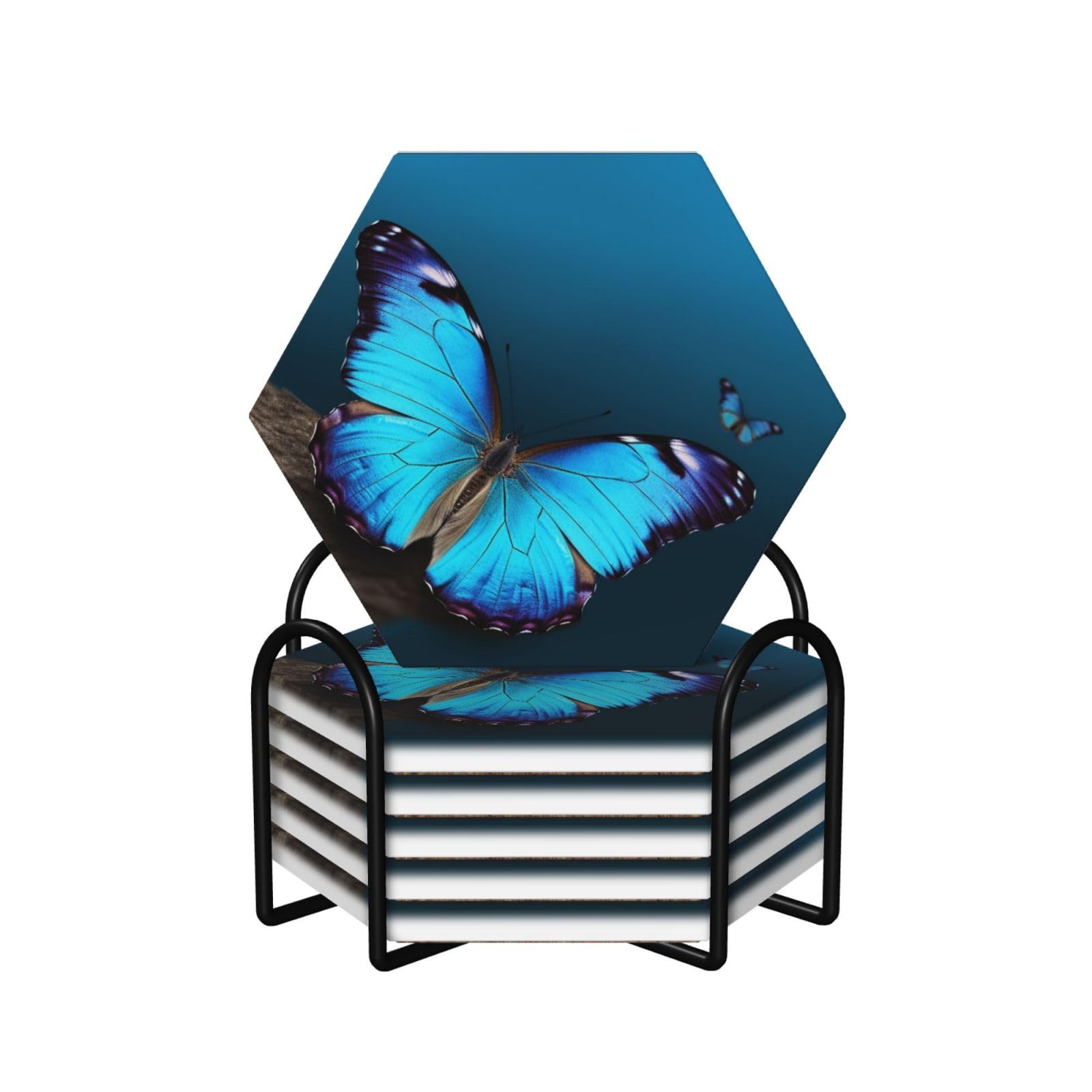 Dessous de verre céramique papillon bleu rigide avec support métallique noir
