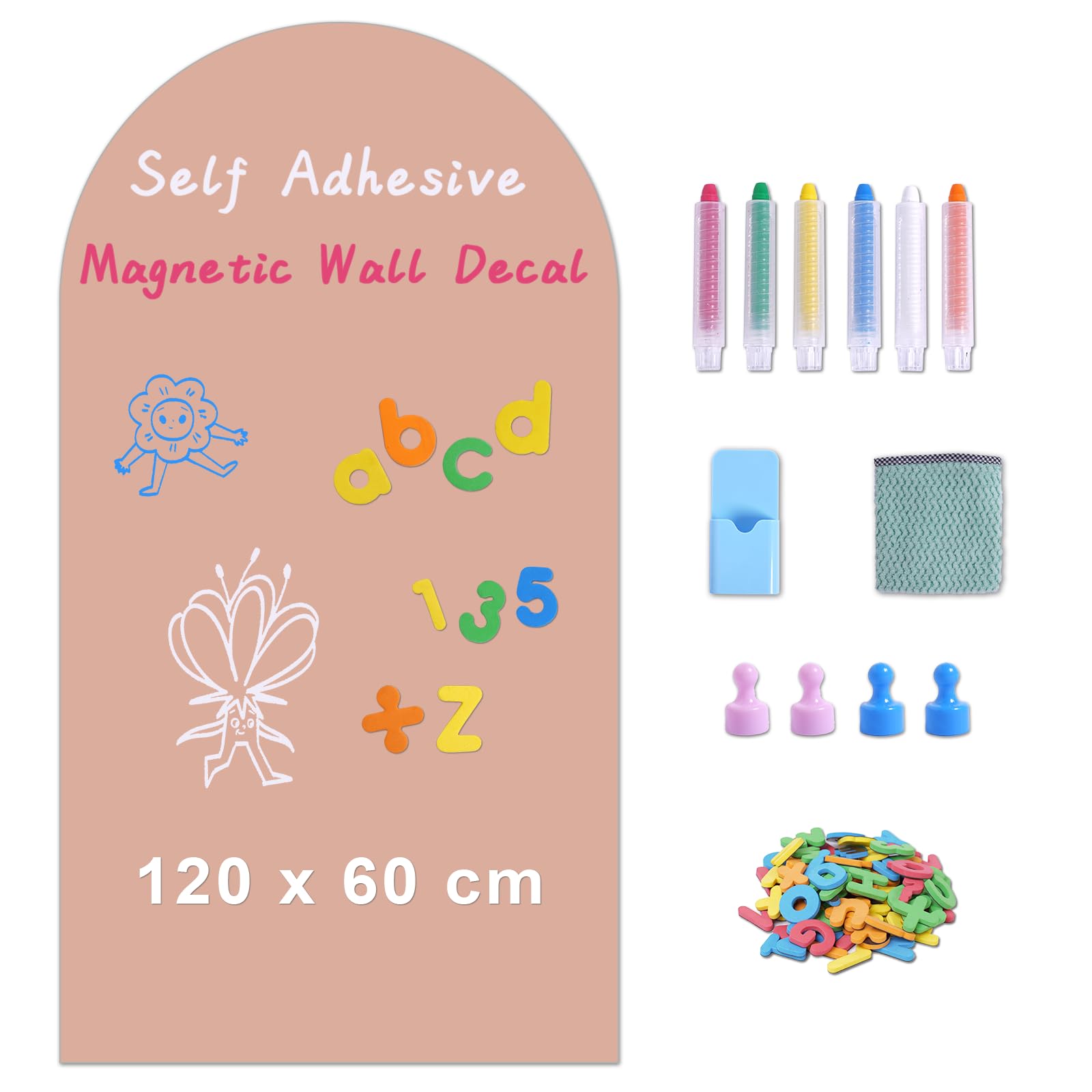 Magnetische selbstklebende Tafelfolie mit Zubehör, 120x60 cm, Rosa | Abwischbare Magnettafel für Schule & Büro, inkl. Kreide, Magnete & Mikrofasertuch –selbstklebende schwarze Wandtafel