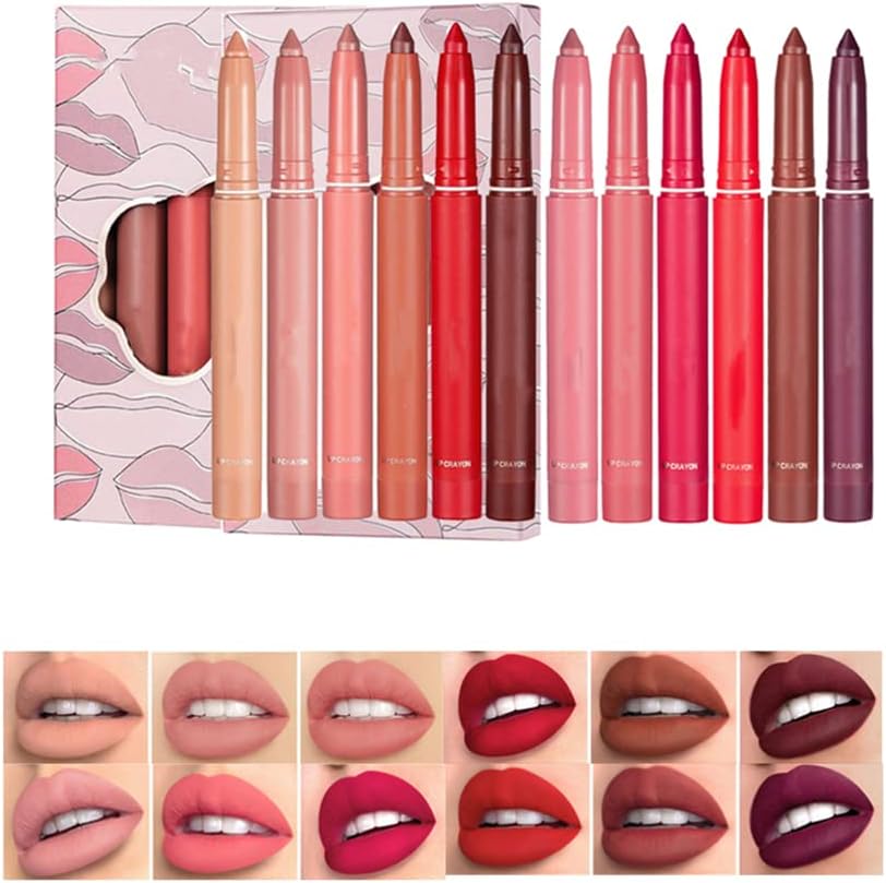 6-Kleurige Roterende Matte Lippenstift Potloden, Waterproof Langdurige Hydraterende Smudge-Resistente Fluweelachtige Lipstick, Voor Alle Huidtypes, Lip Liner Set Geschikt Voor Dames (A+B)