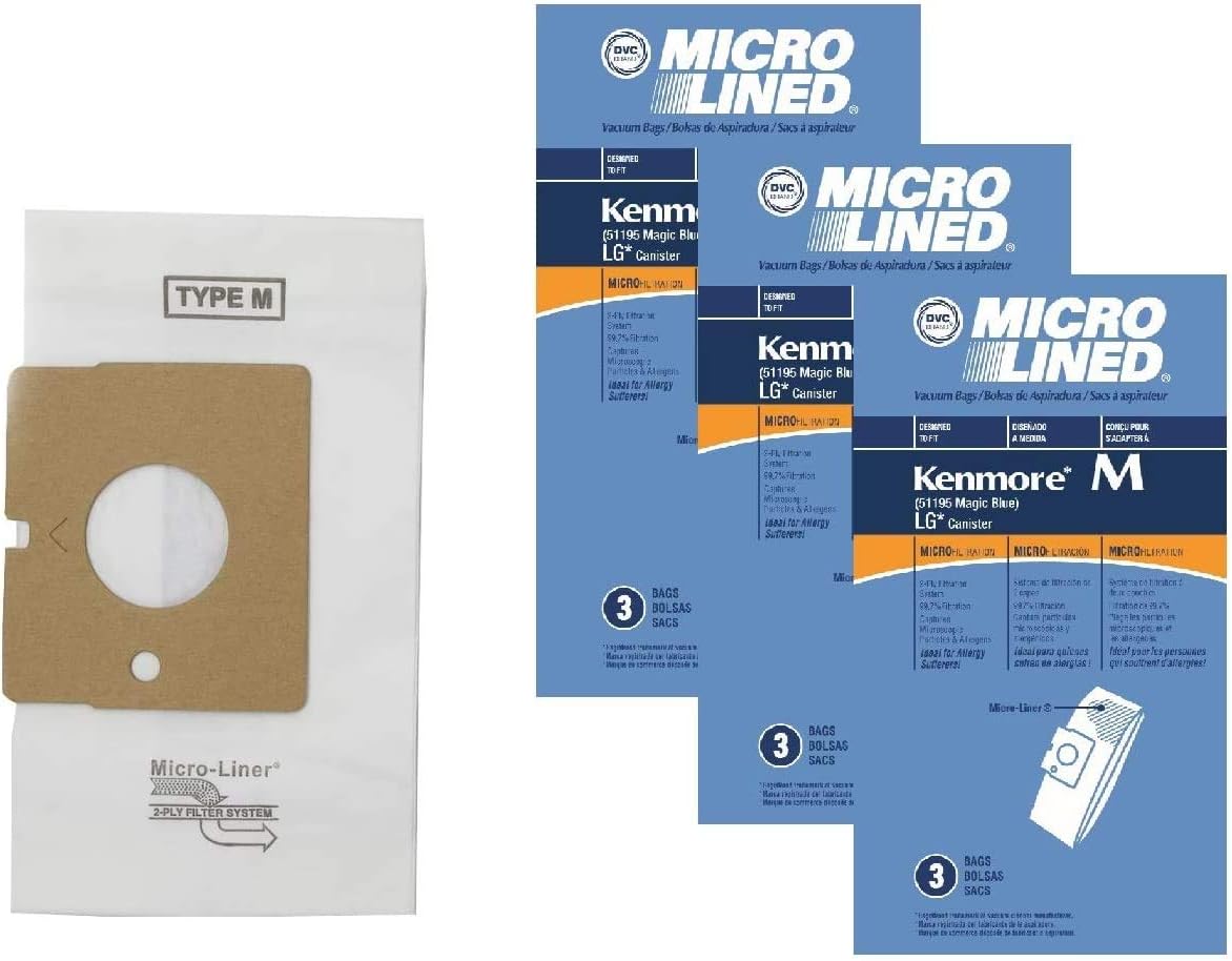 DVC Micro-Lined Paper Replacement Bags Type M Fit Kenmore Blue Magic and LG Canister Vacuums - 9 Bags