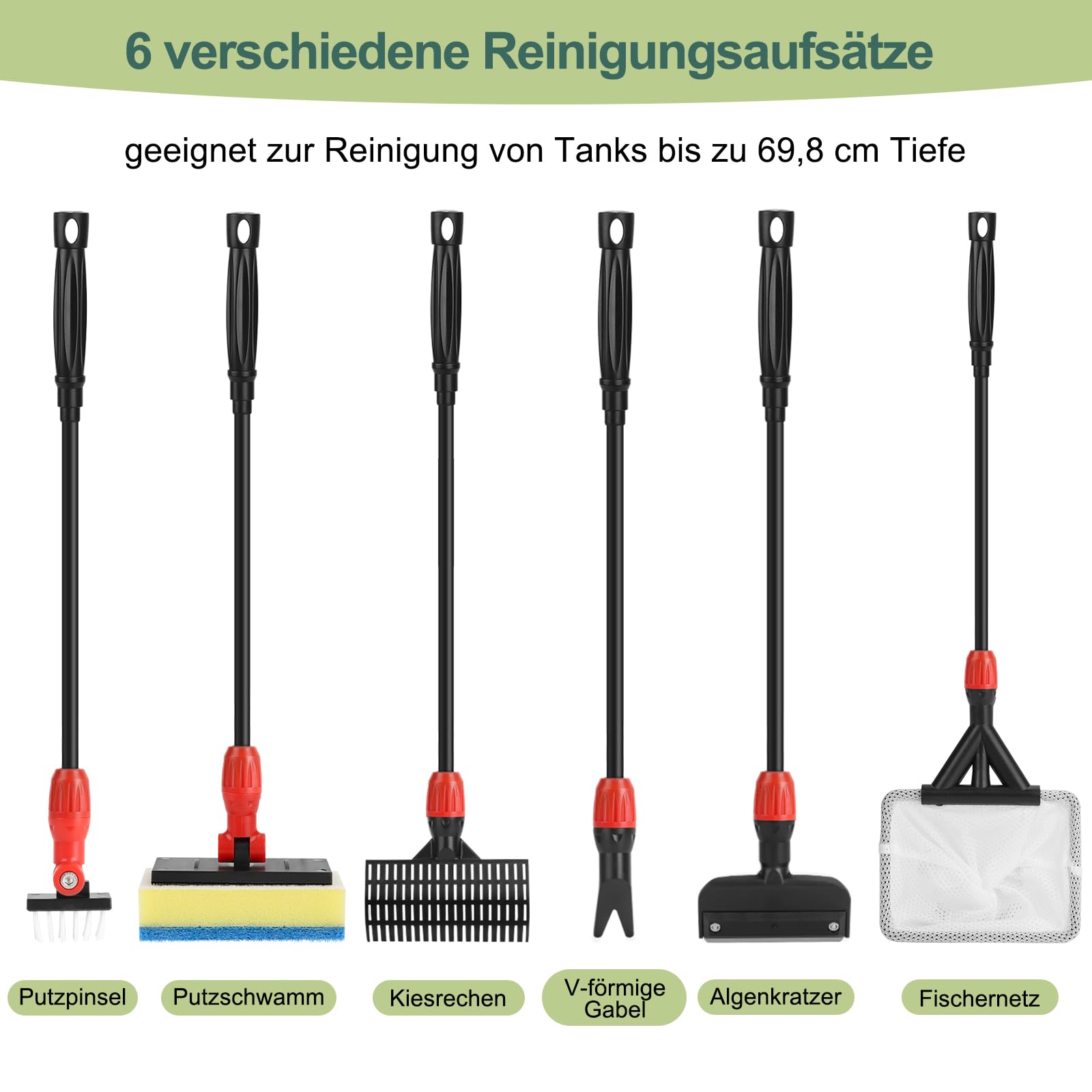 hygger Kit di Pulizia per Acquario 6 in 1, Strumento di Pulizia per Acquario Versatile, Con Manico Estensibile, Spugna Raschi-Alghe, Spazzola per Sciacquare, Retino per Pesci Rastrello per Ghiaia (M)