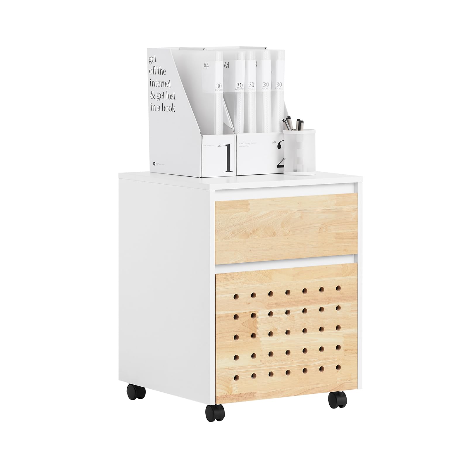 SoBuy Armoire de rangement sur roulettes pour bureau - Blanc et naturel - 45x45x59 cm - ASK06-WN