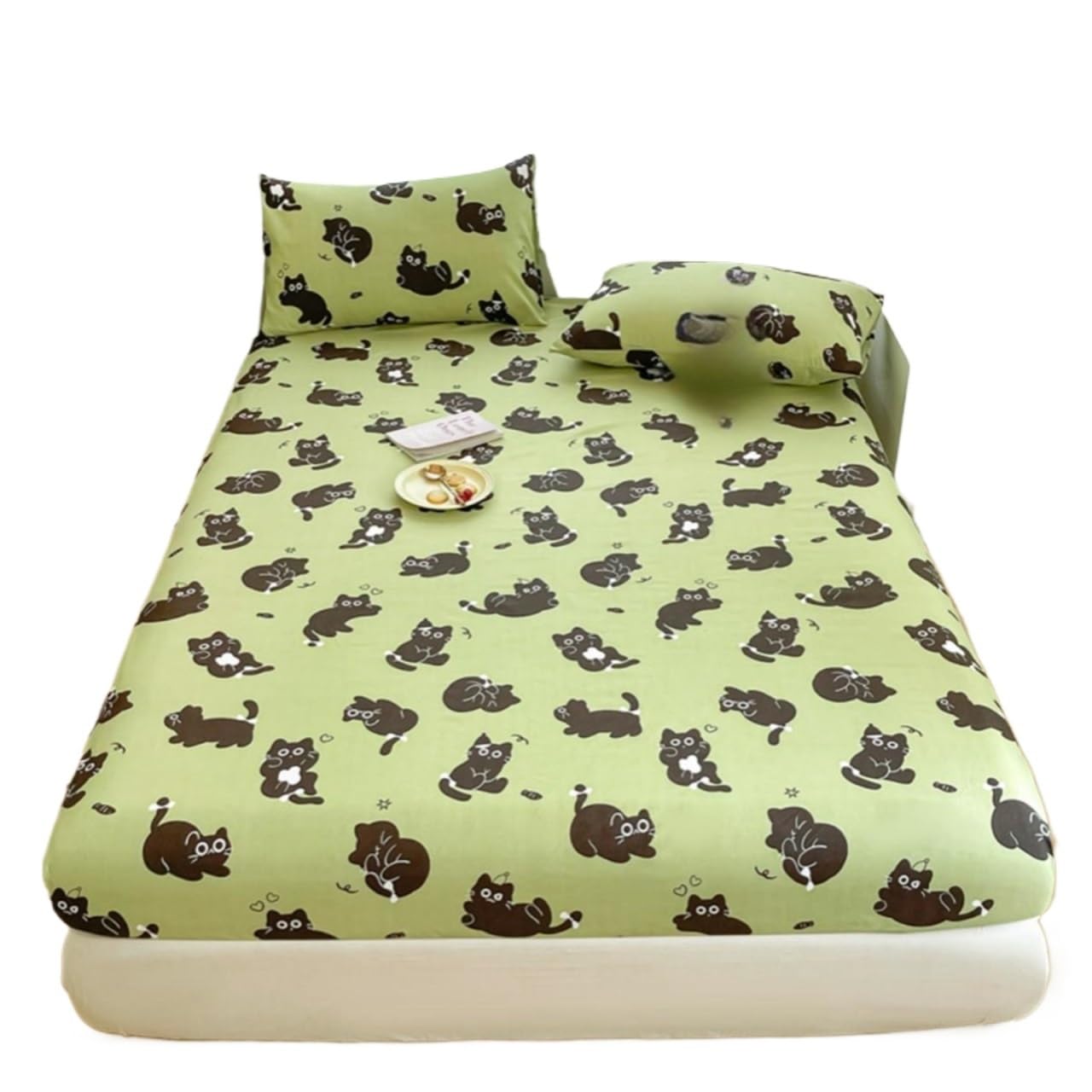 sábana encimera Estampada Sábana con Estampado de Gato, Color Verde, tamaño Individual/Queen/King, Equipada Banda elástica, Estilo Dibujos Animados(90x200cmx25 3pcs)