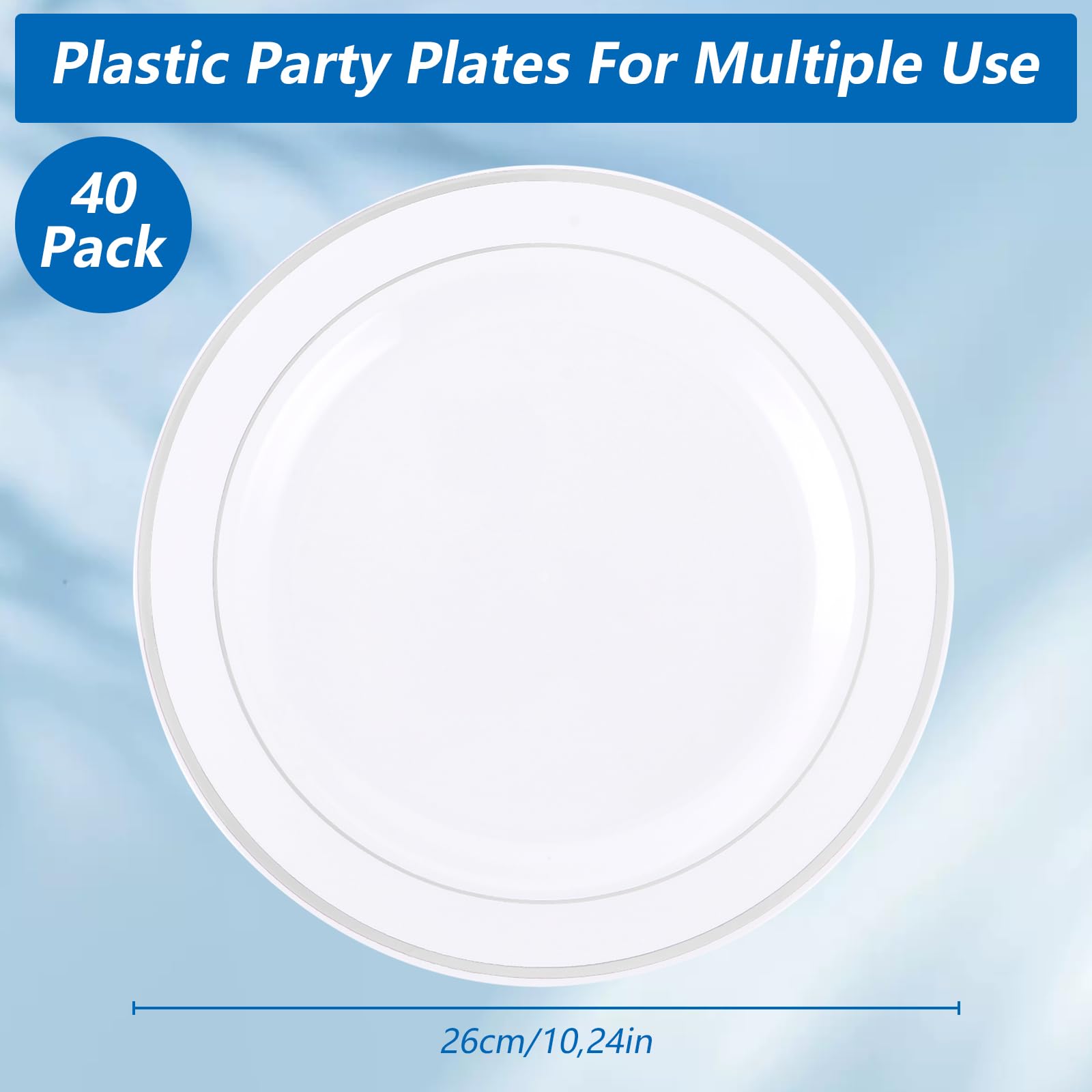 Lot de 40 assiettes en plastique blanches de 26 cm - Réutilisables - Assiettes en plastique réutilisables - Assiettes de fête - Assiettes de fête - Assiettes en plastique (blanc & argent)