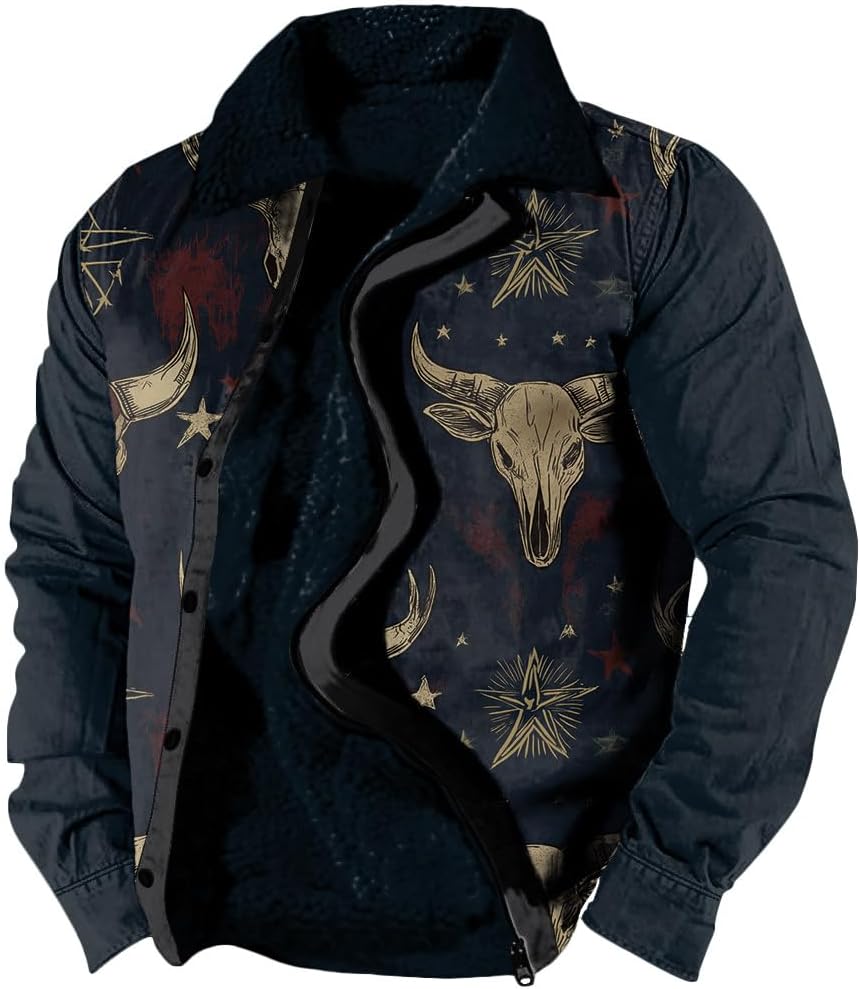 Men's Aztec Tribal Print Jacket Western Cowboy Graphic Fleece Coat Sherpa Casual Retro Zipper Jackets Warm Heavy
