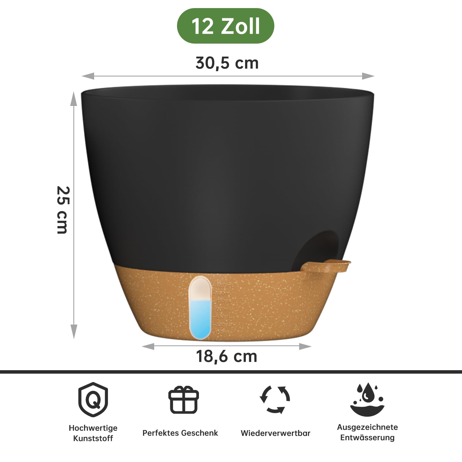 ZMTECH 30 cm Große Blumentöpfe mit Untersetzer, Selbstbewässernde Kunststoff Übertöpfe, Pflanzkübel mit Wasserstand für Innen/Außen (2er-Set, Schwarz)