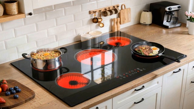 Image of Noxton 30 Inch Electric Cooktop, 5 Burner Ceramic Cooktop with Triple Ring Expandable Burner, Built-in Radiant Electric Stove Top, 9 Power Levels, Timer, Child Safety Lock, 240V Hardwired