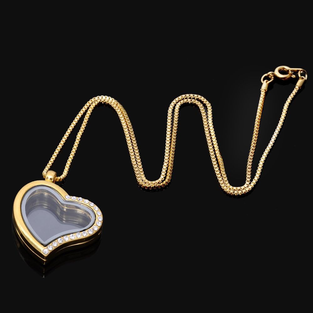RUBYCA Living Memory Floating Charm Heart Glass Locket Pendant Necklace 20 Inches 5pcs Gold Color