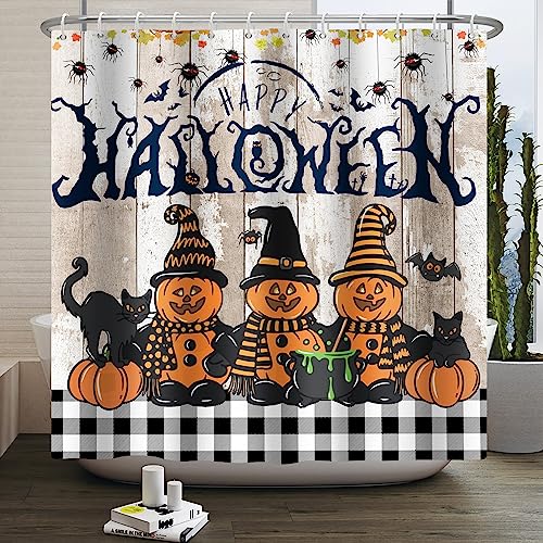 SDOTPMT 140x180cm Halloween Happy Midget Rideau de Douche Automne Citrouille Bois Planche araignée Buffle Plaid Rideau de Douche Halloween thème garçon Salle de Bain Décoration Crochet