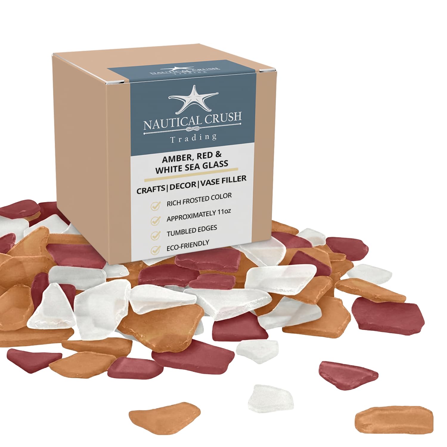 Nautical Crush Trading Amber, Red, White Sea Glass For Crafts – 11Oz Amber Brown, Red, Frosted White Sea Glass Decor, Tumbled Seaglass, Seaglass For Crafts, Beachglass Decor, Nautical Vase Fillers, Coastal Art Supplies