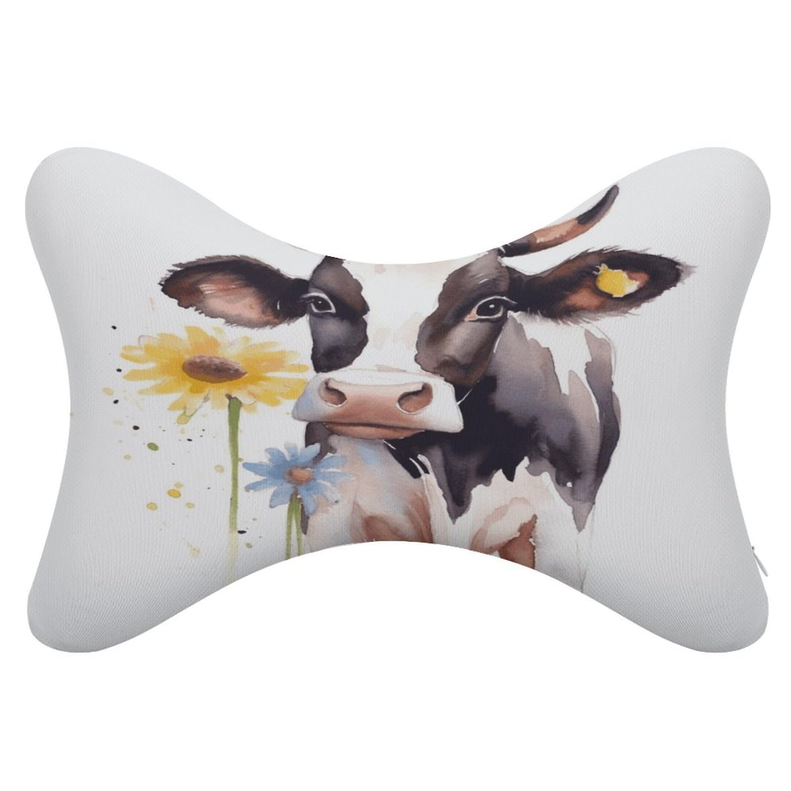 FekiLoot Watercolor Cow and Daisy Flower Car Headrest Set of 2,Softness Memory Foam Car Neck Pillow with Breathable Removable Cover Car Neck Support Pillow Ergonomic for Driving, Office