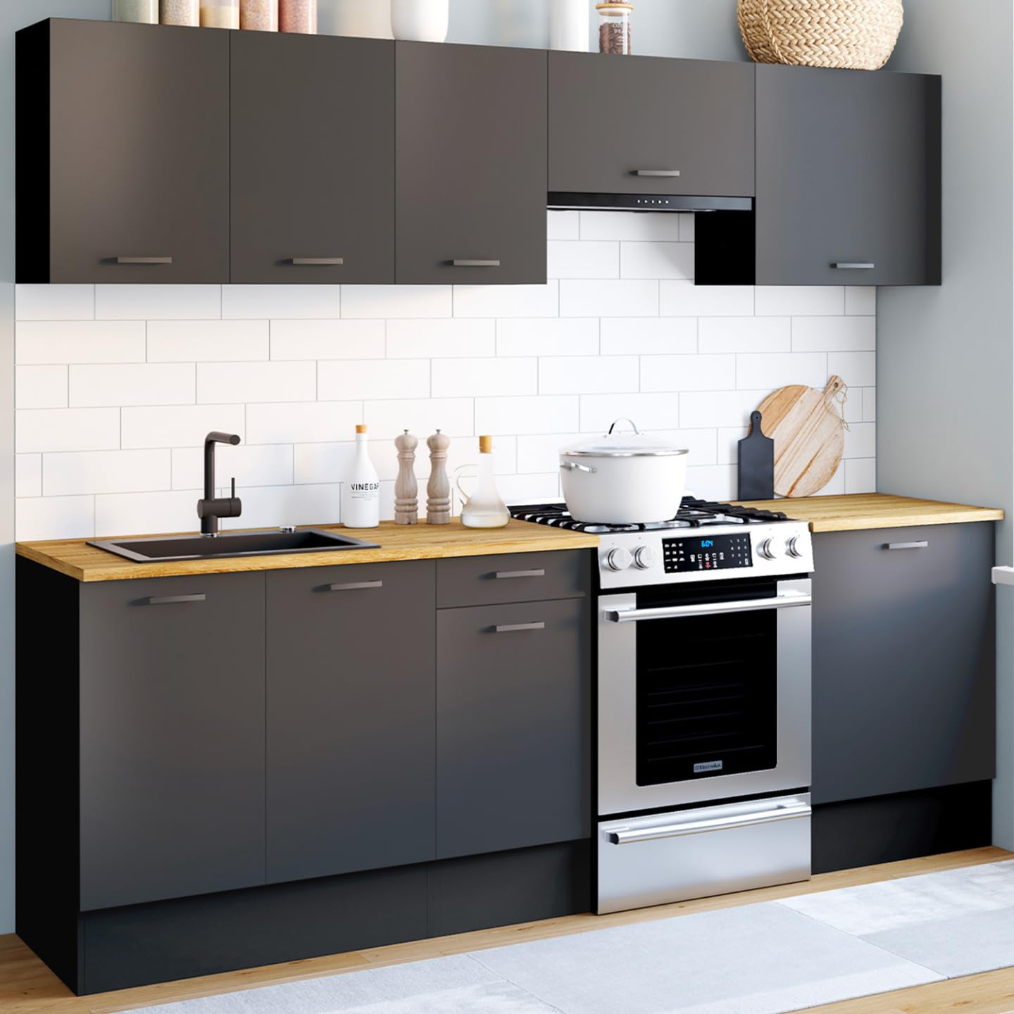 IDMarket - Cocina completa SUBTIL 240 cm con encimera negra de 7 elementos y tapa de madera