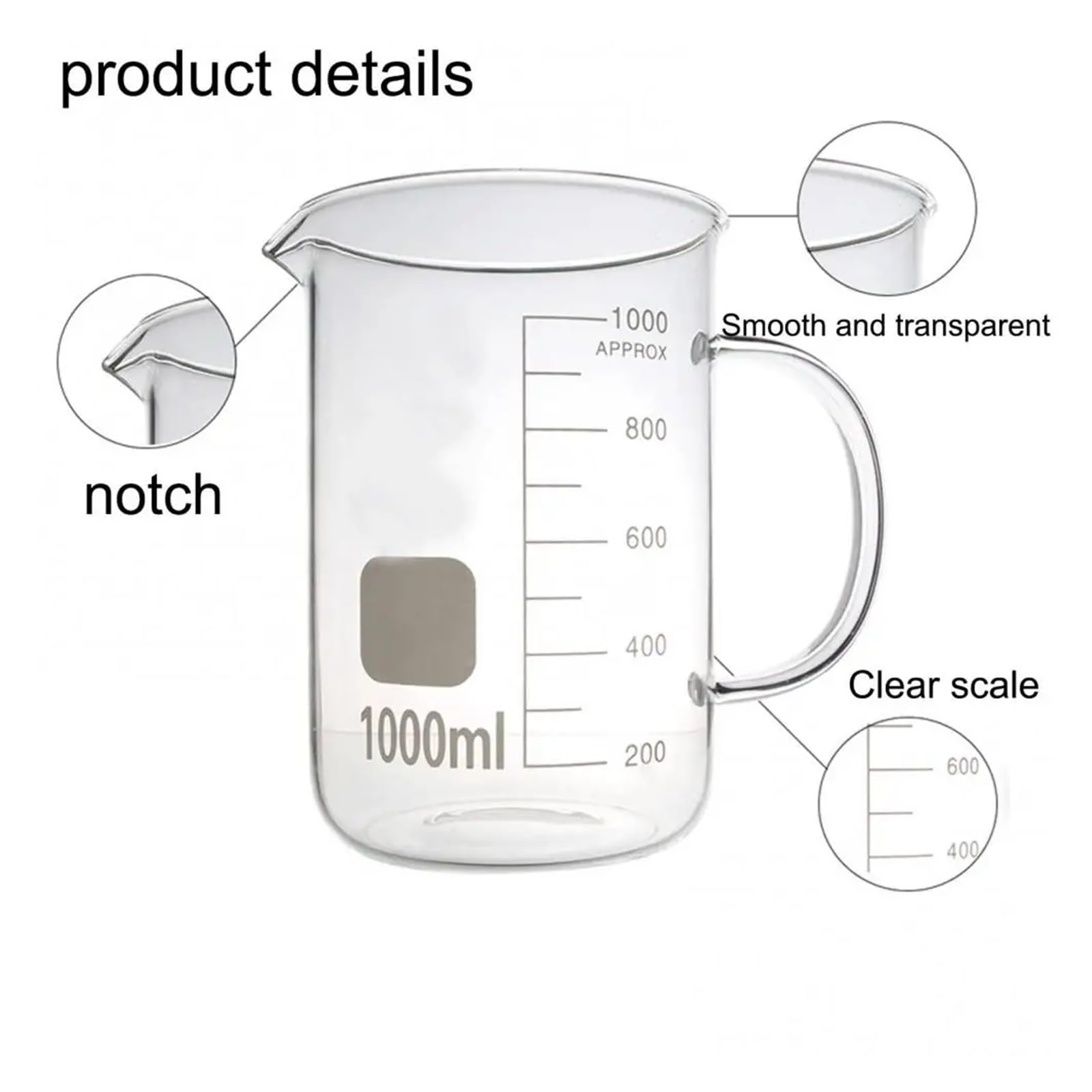 1 bicchiere da laboratorio for miscelazione da 50/100/250/500/1000 ml, becher in vetro con manico, becher in vetro trasparente con scala graduata, becher graduati for chimica(500ML)