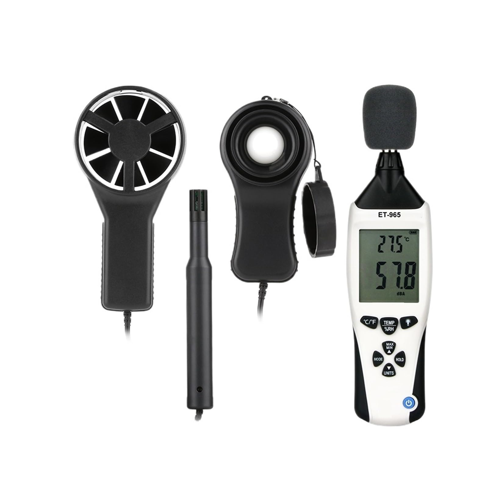 Digitales 5-in-1-Umweltmessgerät, tragbar, professionelles Anemometer, Thermometer, Luftfeuchtigkeit, Schallpegelmesser, Lichtmesser