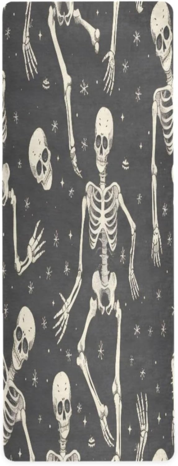 Halloween Skeleton Yoga Mat, 71 x 26 Inch Non-slip Yoga Mats Folding Travel Exercise Mat Indoor Outdoor Gym Pilates with Storage Bag for Women Men