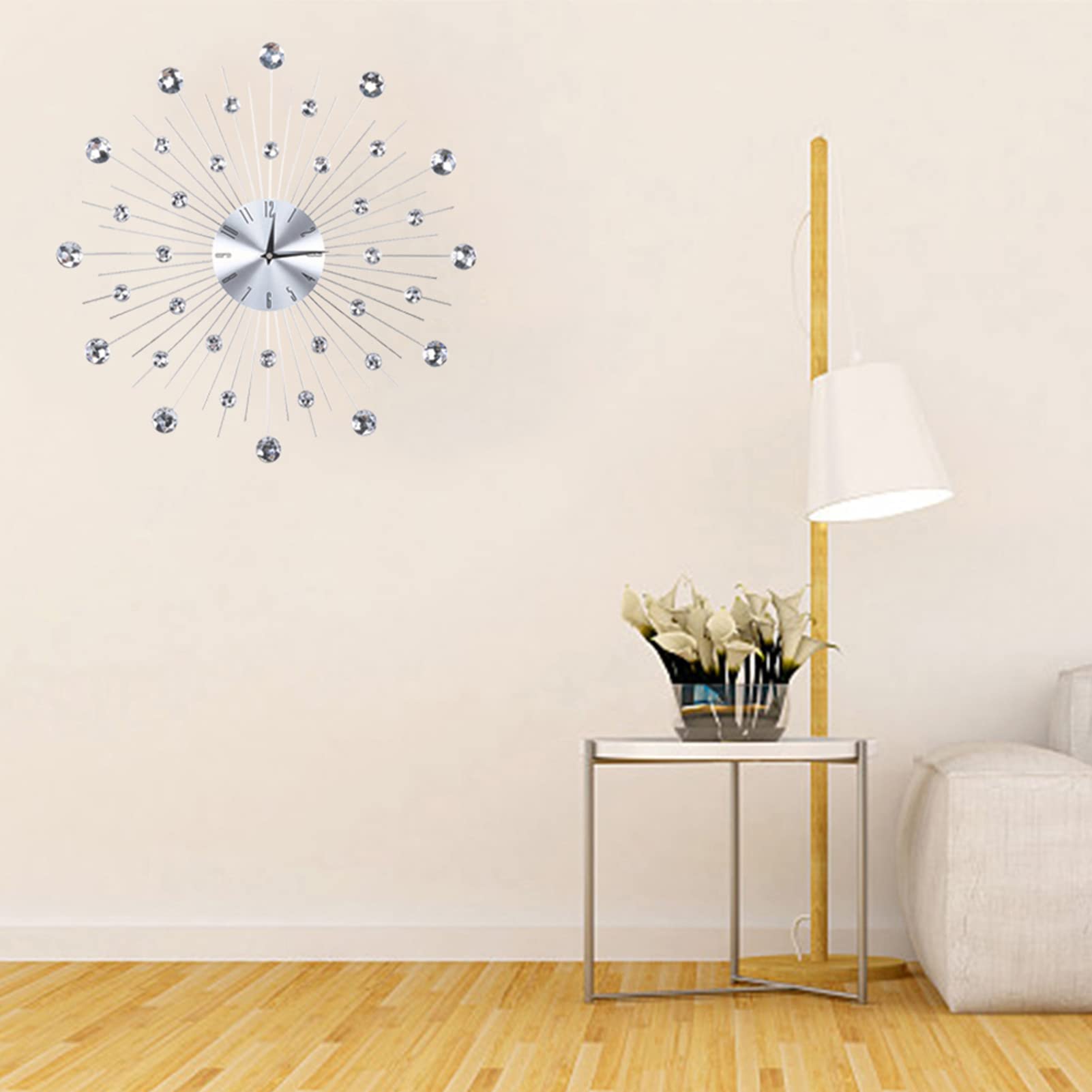 Reloj de Pared de Cristals, Reloj de Pared Brillante, Reloj Decorativo de Pared de Metal con Tachuelas de Diamante, Reloj de Decoración de Pared para Sala de Estar Dormitorio Oficina(Plata)