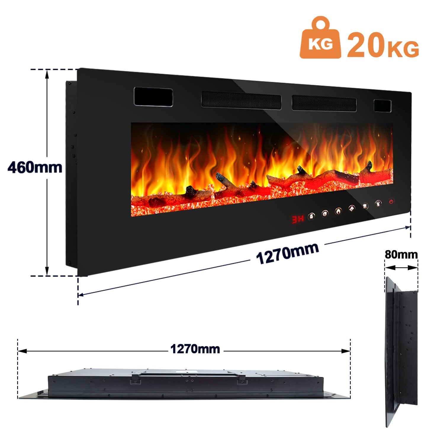 Cheminée électrique avec chauffage, cheminée murale 127 cm avec