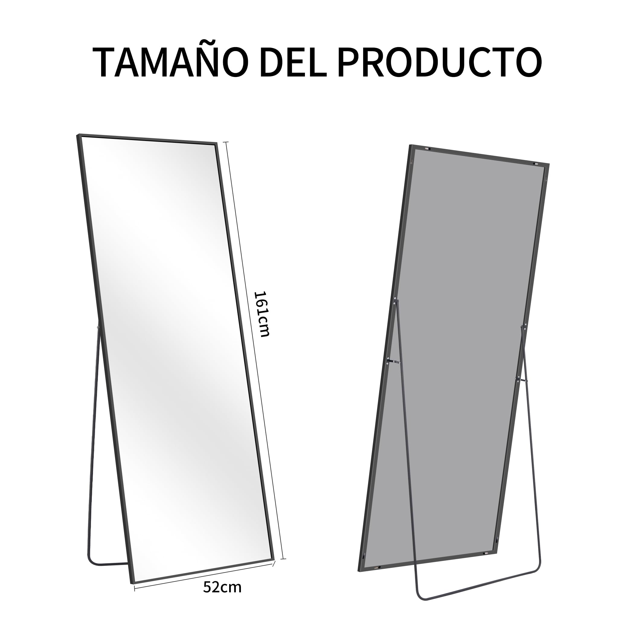 KOCUUY Espejo de Cuerpo Entero 52 x 161 cm, Rectangular Espejo de Pared Grande para Colgar, de Pie, Apoyado Espejo de Pie Grande con Marco Negro para SalóN, Dormitorio, Pasillo