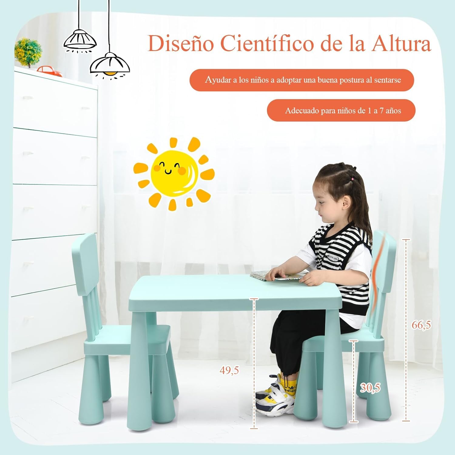GOPLUS Juego de Mesa y Sillas para Niños de 1-7 Años, Conjunto de Mesa y Silla Infantil, Mueble para Bebé Pupitres de Juego Actividad Estudio, Estilo Sencillo, Carga 50 KG (Verde)