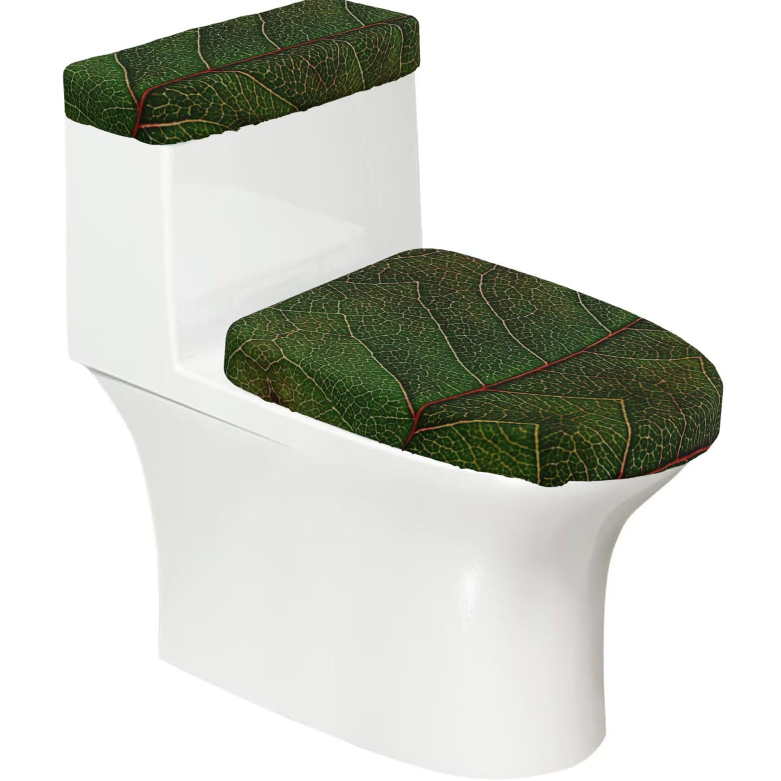 Green Leaf Texture Veins Print Bathroom Decor Toilet Lid Cover And Tank Covers, Restroom Accessories Fits Most Round