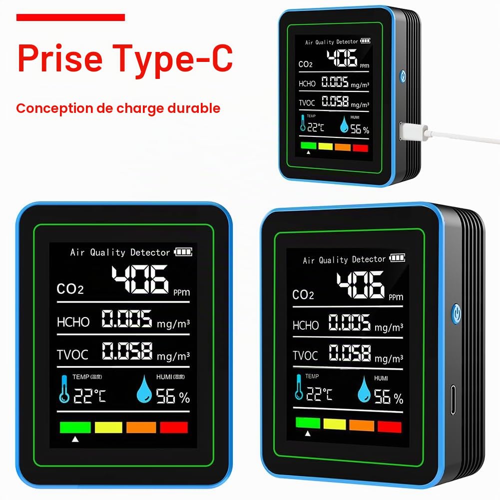 Détecteur de CO2 Moniteur de Monoxyde de Carbone, Moniteur Qualité de l'Air 5-en-1, Détecteur d'air, Charge USB, Mesure Température et Humidité, Portable, Moniteurs de Formol pour Maison
