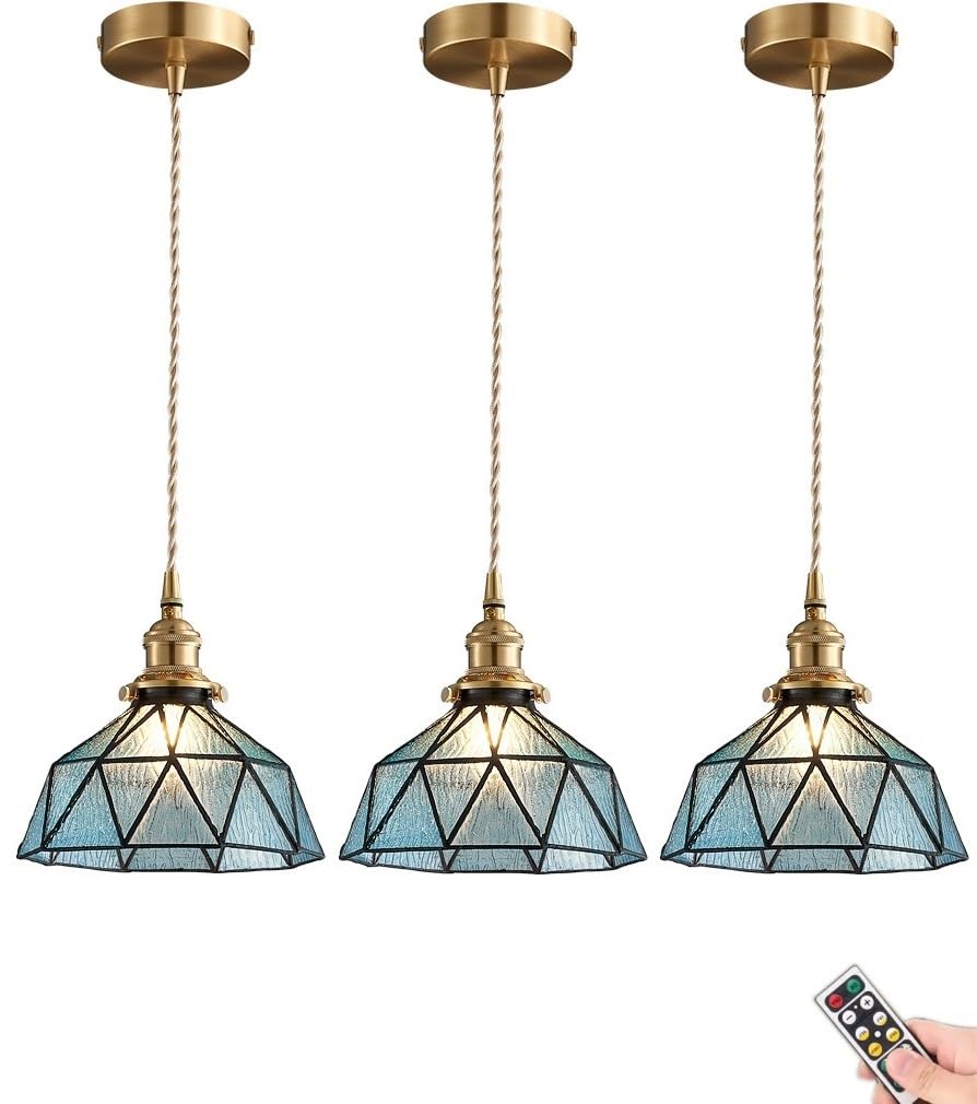 Battery Operated Tiffany Pendant Light Fixtures with Remote,Wireless Pendanting Light Non Hardwired Hanging Lamp Blue Stained Glass Indoor Decor Chandelier for Kitchen Island Dining Room Hallway ( Col