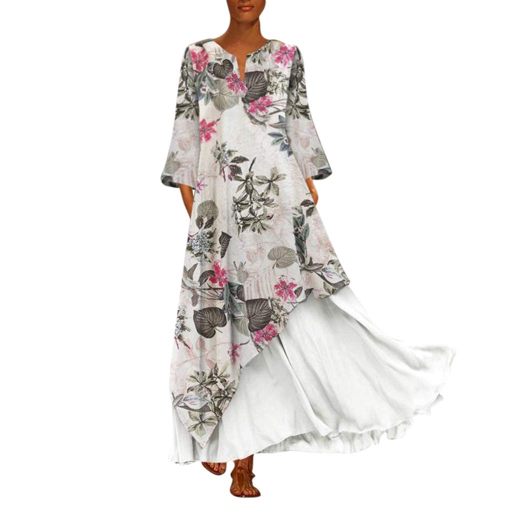 Y56 Plus Size Swing Dresses Women Vintage V Neck Splicing Floral Printed Long Sleeves Maxi Dress