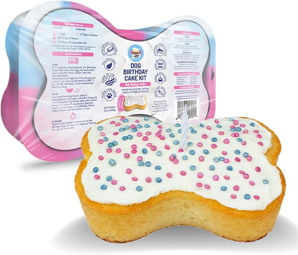 Dog Birthday Cake Kit – Complete Cake and Icing Mix, Candle, and Silicone Pan - Birthday Cake Flavor w/Sprinkles – Bake or Microwave, Perfect for Celebrating Your Dog’s Day – Made in USA