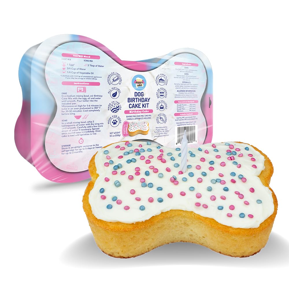 Dog Birthday Cake Kit – Complete Cake and Icing Mix, Candle, and Silicone Pan - Birthday Cake Flavor w/Sprinkles – Bake or Microwave, Perfect for Celebrating Your Dog’s Day – Made in USA