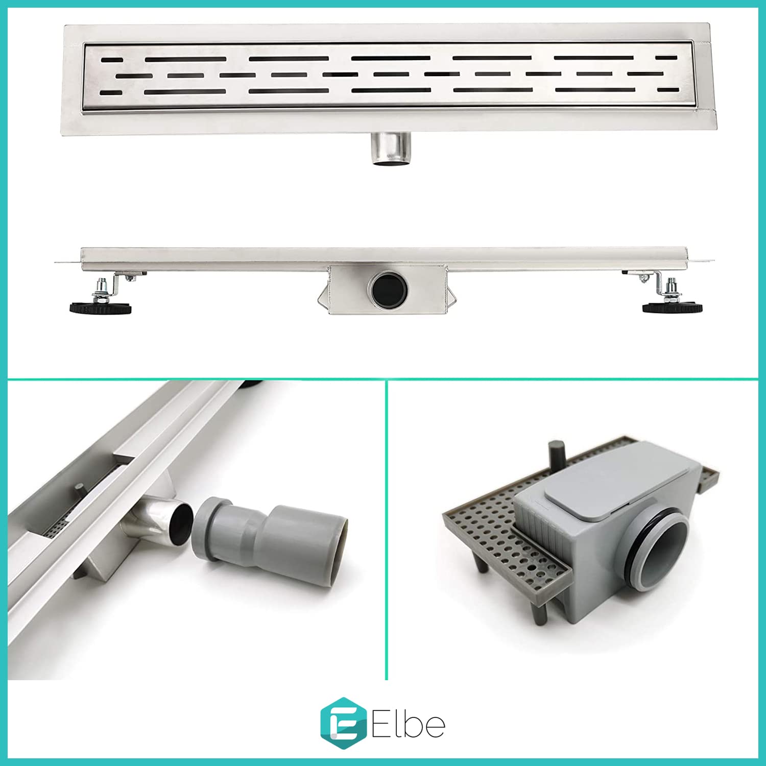 Elbe Canaletta scarico per doccia con griglia a feritoia Canalina doccia in acciaio inox Piletta Drenaggio con flangia perimetrale 70 cm RN-K070A