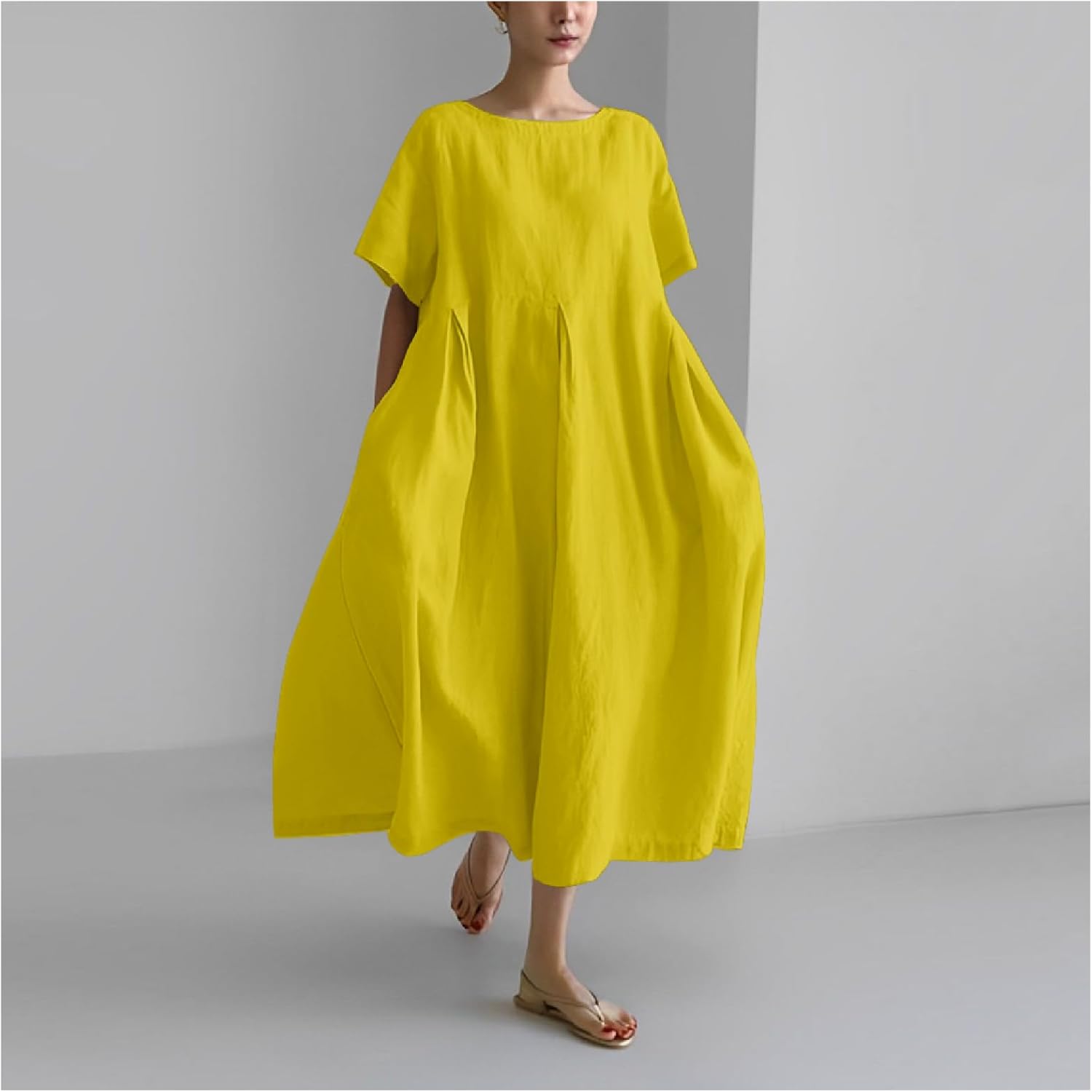 MARSVOVO Boho Dress for Women 2024 Plus Size Linen Casual Fish Wave Pattern Loose Fit Ruffle Hem Flowy Japanese Dress - Image 2