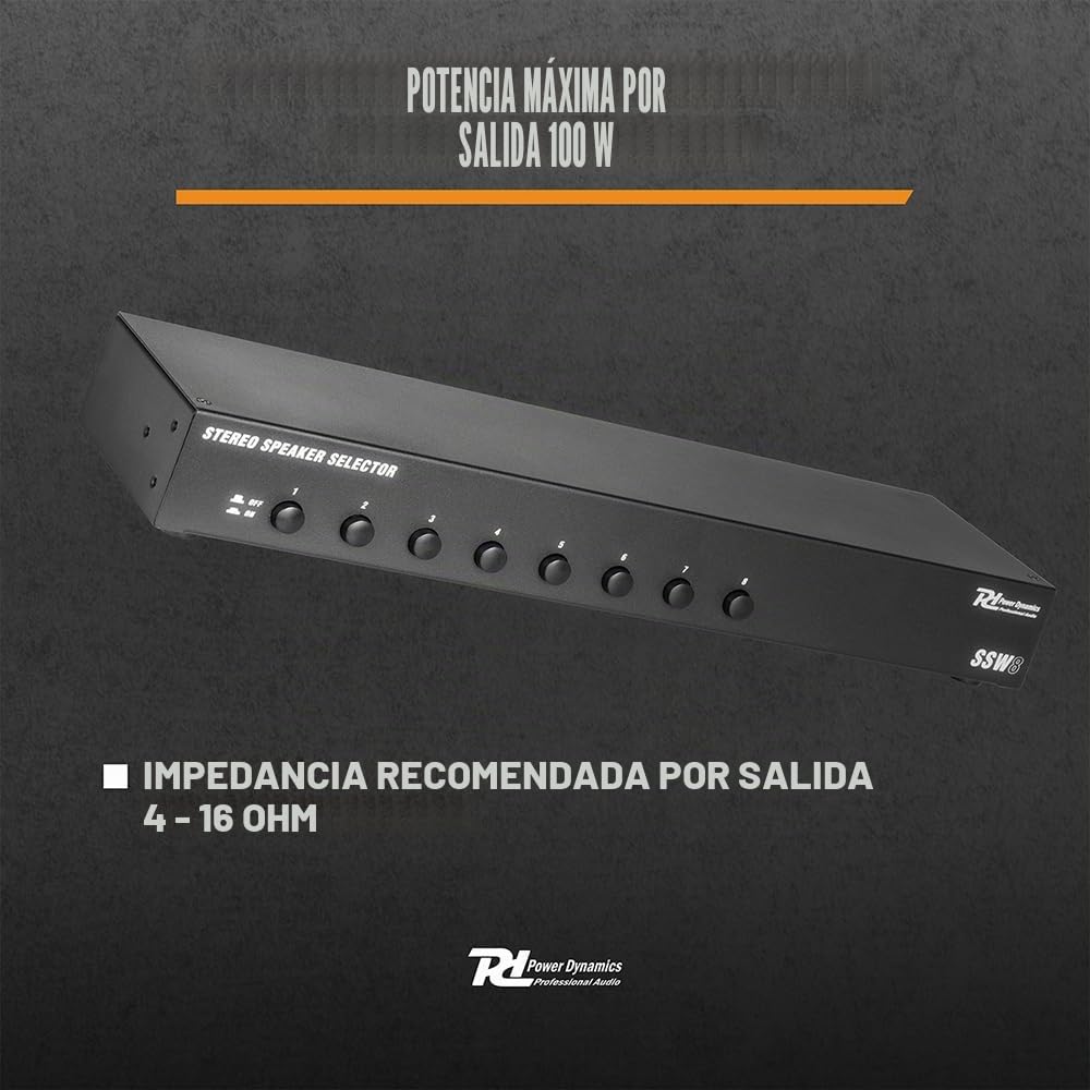 Power Dynamics SSW8 - Selector de audio para altavoces, controla 8 parejas de altavoces, instalación fácil, sin alimentación externa, compatible con altavoces 4-16 Ohmios, Máx.100W por canal