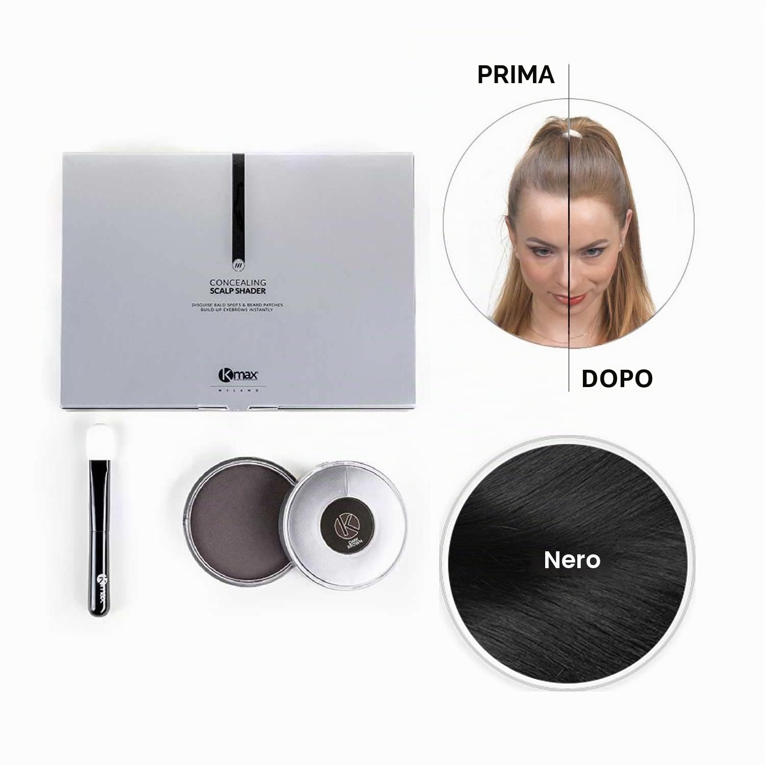 Kmax Scalp Shader Fondotinta per capelli coprente effetto volumizzante con applicatore, Polvere per capelli waterproof a lunga tenuta, 35 gr - Nero