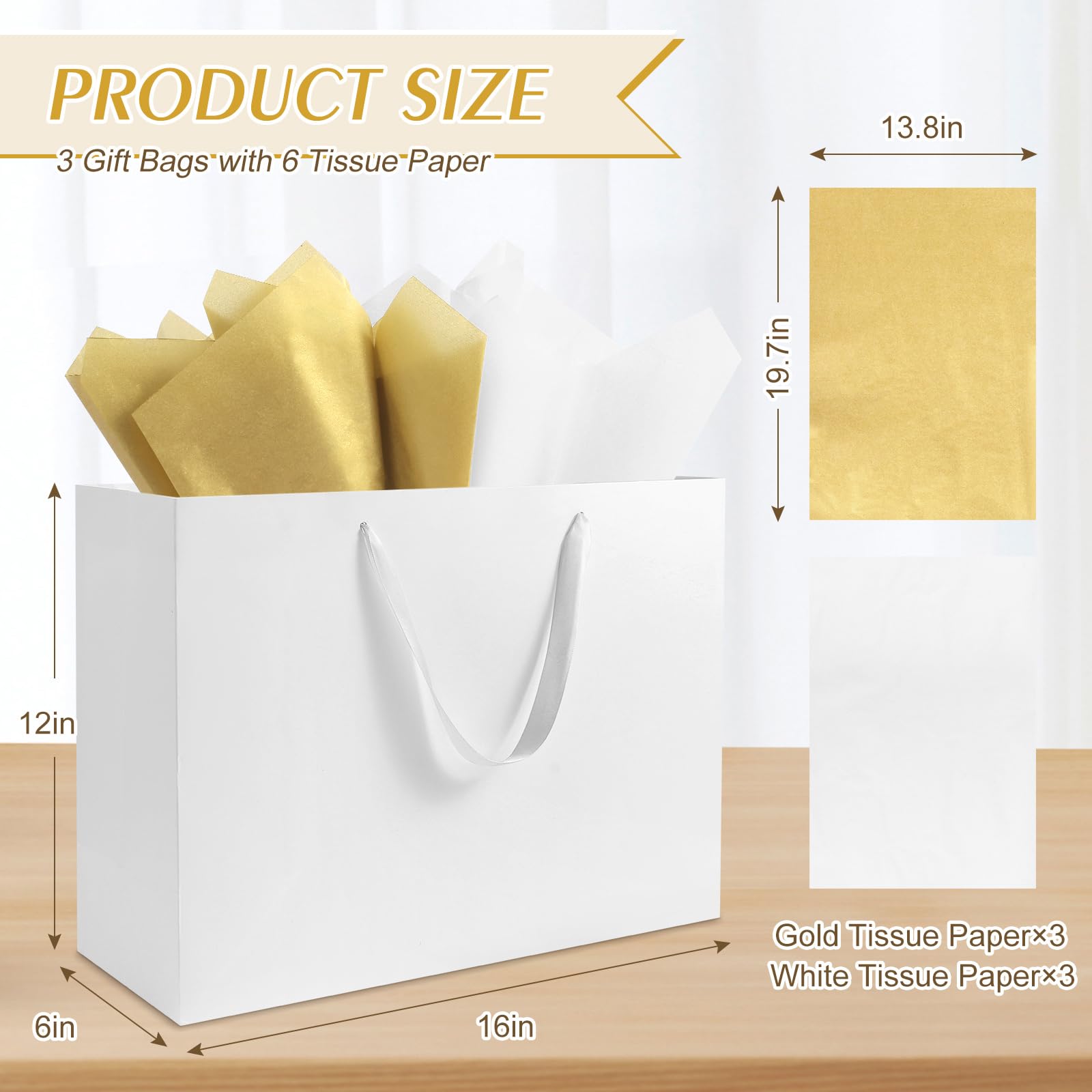Ethhqu 3 Pack Extra Large White Gift Bags with Handles, 16x6x12 Inches - Includes 6 Tissue Papers for Birthday, Wedding, Shopping Business, Thanksgiving, Christmas&Holiday (White Extra Large-3 Pcs)